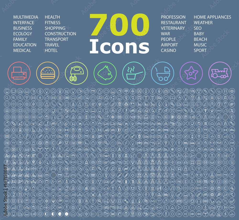 Poster set of 700 minimalistic icons on circular buttons . isolated vector elements