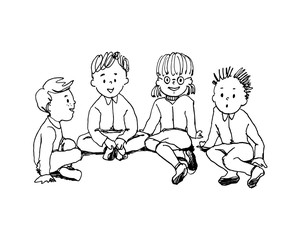 Stickman Illustration of a Group of Kids in the Park Sitting in a Circular Arrangement While Discussing a Topic