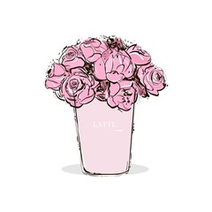 Hand drawing a pastel pink cup of coffee with latte and beautiful pink flowers inside. Fashion vector illustration. Watercolor Design of fashionable illustration. Trend Stylish Card