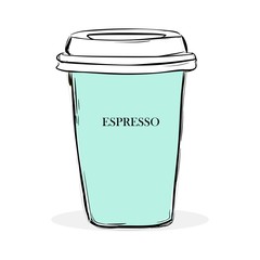 Illustration vector of a paper cup of espresso coffee Turquoise color with freehand write text espresso, morning coffee fashion vector design concept