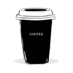 Hand drawn illustration logos. Black cup with letters COFFEE. Cup of coffee. T-shirt print, shop decoration art. Fashion illustration Vector, eps10. Isolated on white.