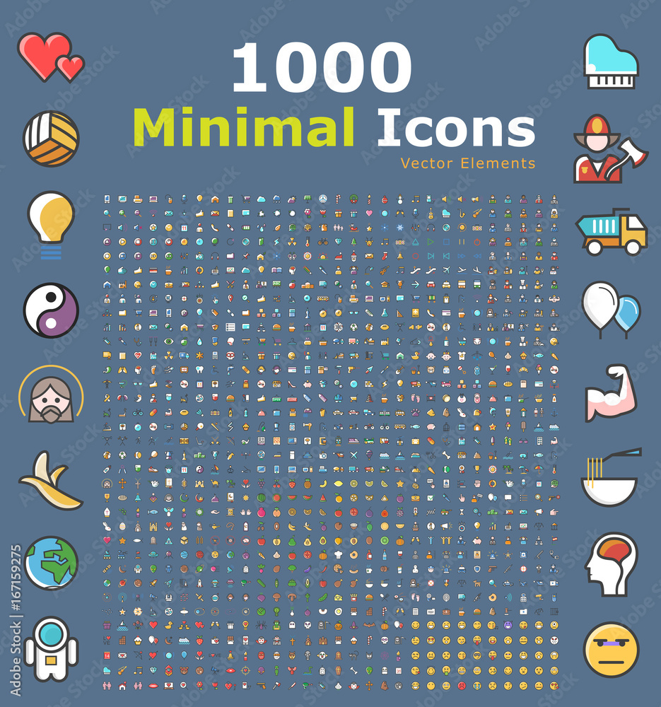 Poster set of 1000 minimalistic solid colored icons . isolated vector elements