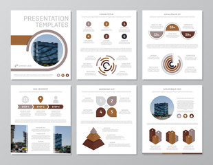 Set of brown elements for multipurpose a4 presentation template slides with graphs and charts. Leaflet, corporate report, marketing, advertising, annual report, book cover design.