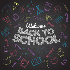 Funny poster "Back to School" with hand drawn doodles. Vector.