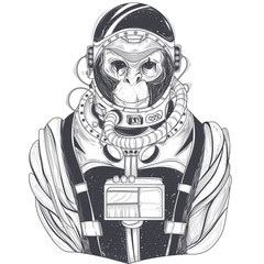 Vector hand drawn illustration of a monkey astronaut, chimpanzee in a space suit in the style of engraving. Print for T-shirts, template, sketch tattoo, design element