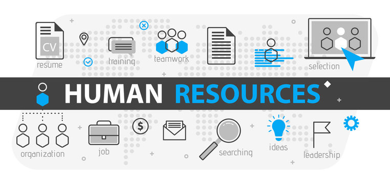 Human resources web banner concept. Outline line business icon set. HR Strategy team, teamwork and corporate organization vector illustration