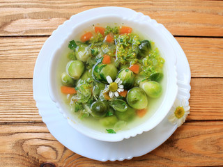 Fresh dietary soup minestrone with Brussels sprouts for weight loss