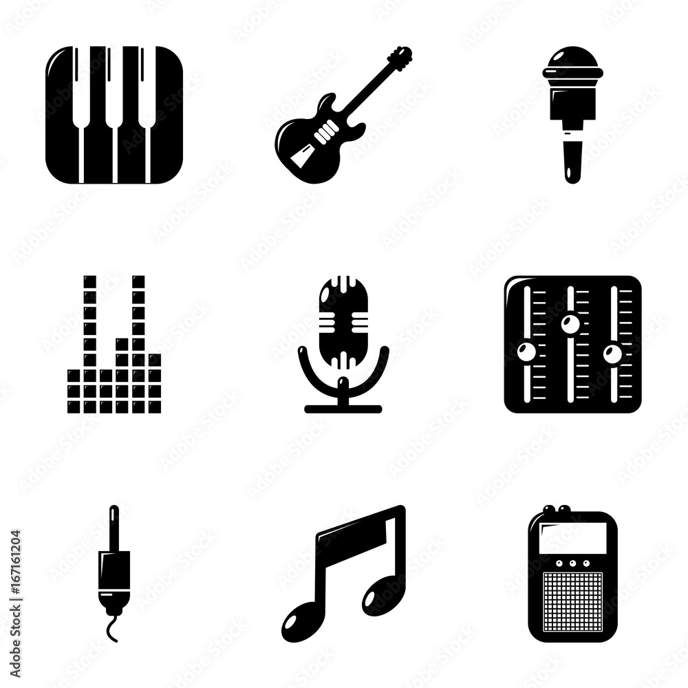 Poster sound processing icons set, simple style