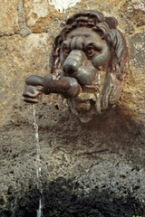Fototapeta na wymiar street fountain in a form of lion head,Italy