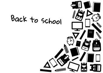Back to school. Black and white background with school supplies, vector illustration