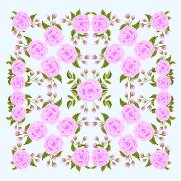 Folk flower of roses square composition. Country style millefleurs. Floral meadow enchanting background for scarf print, textile, covers, surface, scrapbooking, decoupage. Bandana design