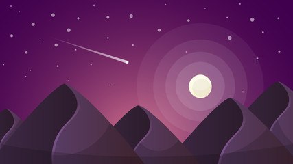 Cartoon night landscape. Comet, moon, mountains illustration Vector eps 10