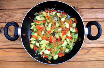 Varied vegetables stewed in a pan with non-stick coating