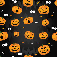 Abstract seamless pattern for girls,boys, kids, halloween, clothes. Creative vector background with pumpkin, scary face. Funny wallpaper for textile and fabric. Fashion style. Colorful bright.