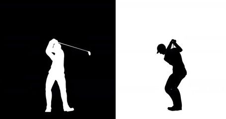 Golfer Swing Silhouette Profile and Front View. profile and side view silhouette of a golfer taking a swing with a driver club