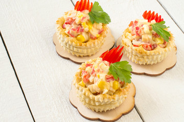 Festive appetizer vol-au-vent with chicken salad, sweet pepper, corn