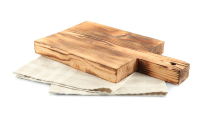 Wooden board with napkin on white background