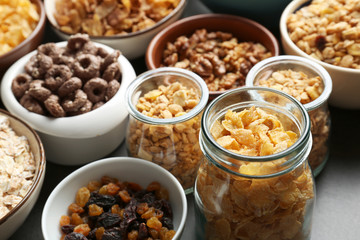 Different healthy breakfast cereals, closeup