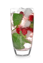 Cold lemonade with raspberry in glass on white background