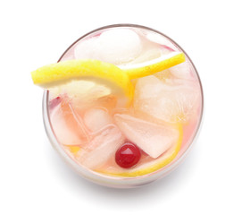 Glass with cold lemonade on white background