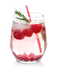 Cold lemonade with raspberry in glass on white background