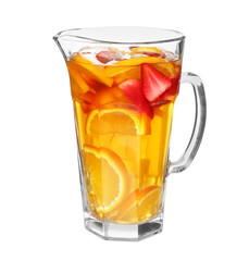 Glass jug of cold lemonade with strawberry and orange on white background