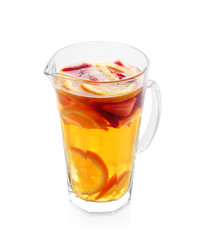 Glass jug of cold lemonade with strawberry and orange on white background