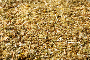 Dried and milled chamomile flowers, closeup