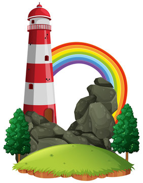 Scene with lighthouse and rainbow