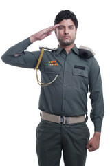 Security guard saluting over white background 