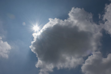 青空と雲「空想・雲のモンスターたち（親の背中に乗っている子供のモンスターと親は、太陽が眩しくて目をそむけようとするイメージなど」眩しい、高温注意報、暑い、猛暑、紫外線、家族旅行、家族連れなどのイメージ
