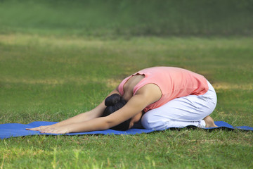 Fototapeta na wymiar Young woman practicing yoga in lawn 
