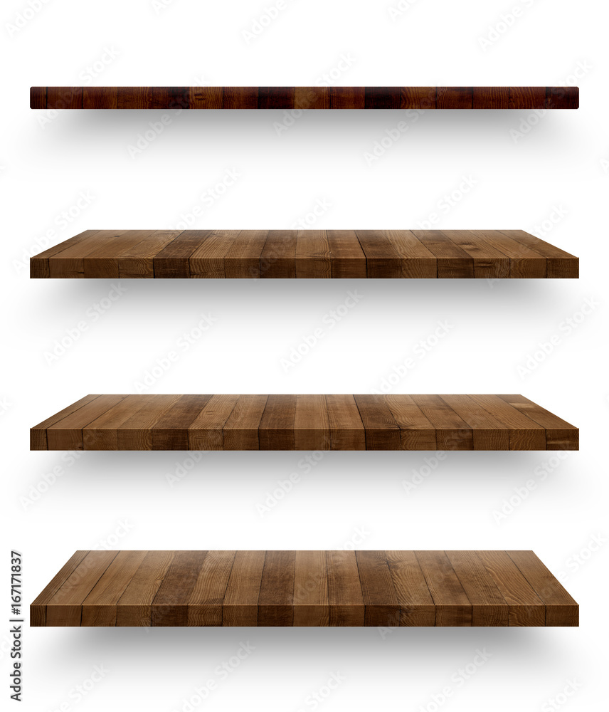 Wall mural wooden shelf template set isolated on white background with clipping path