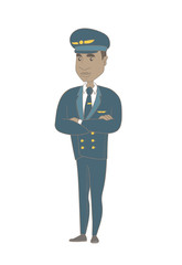 African-american confident airplane pilot in uniform standing with folded arms. Full length of young confident pilot with folded arms. Vector sketch cartoon illustration isolated on white background.