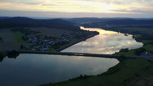 Aerial view of the Aar Dam and its reservoir, the Aartalsee in Hesse, Germany
