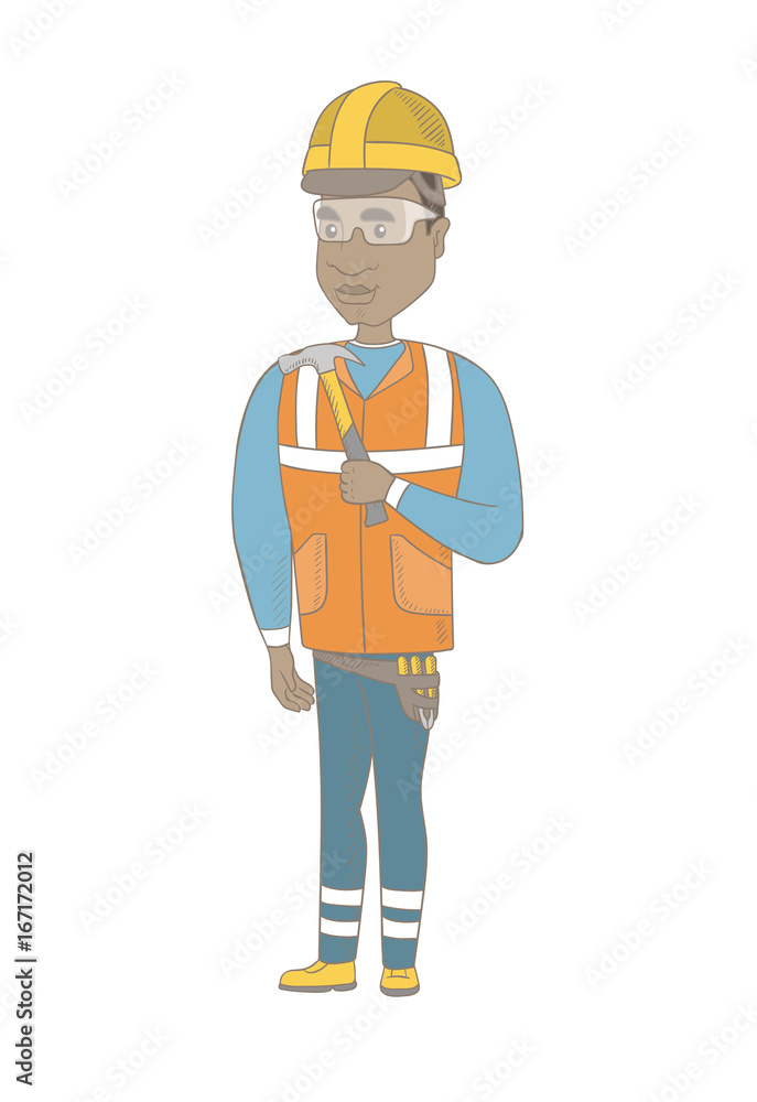 Canvas Prints African-american smiling carpenter in hard hat holding a hammer in hand. Full length of young carpenter with a hammer. Vector sketch cartoon illustration isolated on white background.