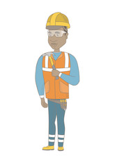 African-american smiling carpenter in hard hat holding a hammer in hand. Full length of young carpenter with a hammer. Vector sketch cartoon illustration isolated on white background.