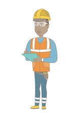 African building inspector making some notes in clipboard. Full length of young building inspector in uniform and hard hat at work. Vector sketch cartoon illustration isolated on white background.
