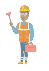 African-american plumber with toilet plunger and tool box. Full length of young plumber in hard hat holding plunger and tool box. Vector sketch cartoon illustration isolated on white background.