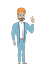 Hindu businessman showing victory gesture. Businessman showing victory sign with two fingers. Businessman with victory gesture. Vector sketch cartoon illustration isolated on white background.