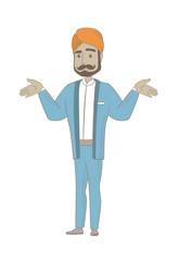 Fototapeta premium Full length of young confused hindu businessman. Confused businessman with spread arms. Confused businessman shrugging shoulders. Vector sketch cartoon illustration isolated on white background.