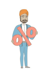 Hindu businessman holding percent sign. Full length of businessman holding percent sign. Cheerful businessman with percent sign. Vector sketch cartoon illustration isolated on white background.