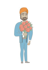 Hindu businessman holding bouquet of flowers. Full length of businessman with bouquet of flowers. Happy businessman with flowers. Vector sketch cartoon illustration isolated on white background.