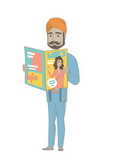 Successful hindu businessman reading a magazine. Young businessman holding a magazine. Full length of businessman with a magazine. Vector sketch cartoon illustration isolated on white background.