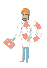 Young indian paramedic holding first aid box and lifebuoy. Smiling paramedic standing with first aid box and lifebuoy in hands. Vector sketch cartoon illustration isolated on white background.