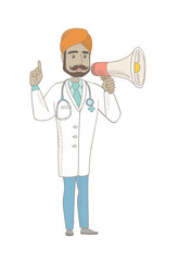 Indian doctor making an announcement with a loudspeaker. Young doctor in medical gown making an announcement through a loudspeaker. Vector sketch cartoon illustration isolated on white background.