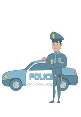 Hispanic police officer standing with arms crossed on the background of police car. Police officer standing in front of police car. Vector sketch cartoon illustration isolated on white background.
