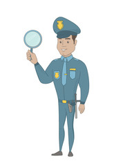 Hispanic policeman holding a hand mirror. Full length of young policeman showing a hand mirror. Happy policeman with a hand mirror. Vector sketch cartoon illustration isolated on white background.
