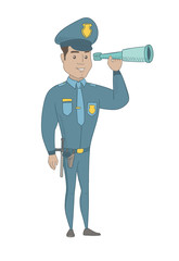 Hispanic policeman holding a spyglass. Young policeman looking through a spyglass. Policeman monitoring safety with a spyglass. Vector sketch cartoon illustration isolated on white background.