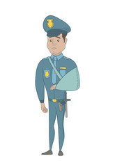 Injured hispanic policeman wearing an arm brace. Young policeman with broken arm in sling. Full length of policeman with injured arm. Vector sketch cartoon illustration isolated on white background.